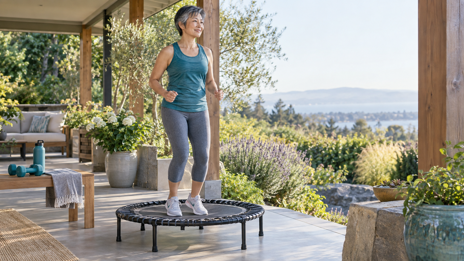 A woman with short gray hair bounces on a mini trampoline on a garden patio overlooking the water.