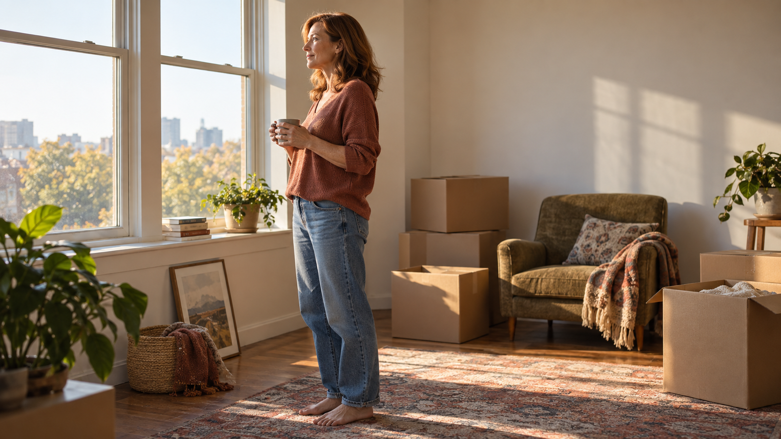 A woman holding a mug stands by a sunlit window in a living room with moving boxes around her.