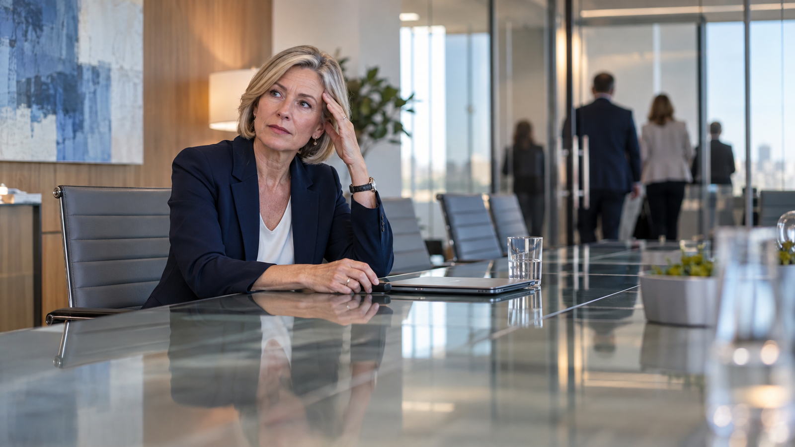 A woman executive sits alone at a boardroom table, hand to her temple, as colleagues leave the room.