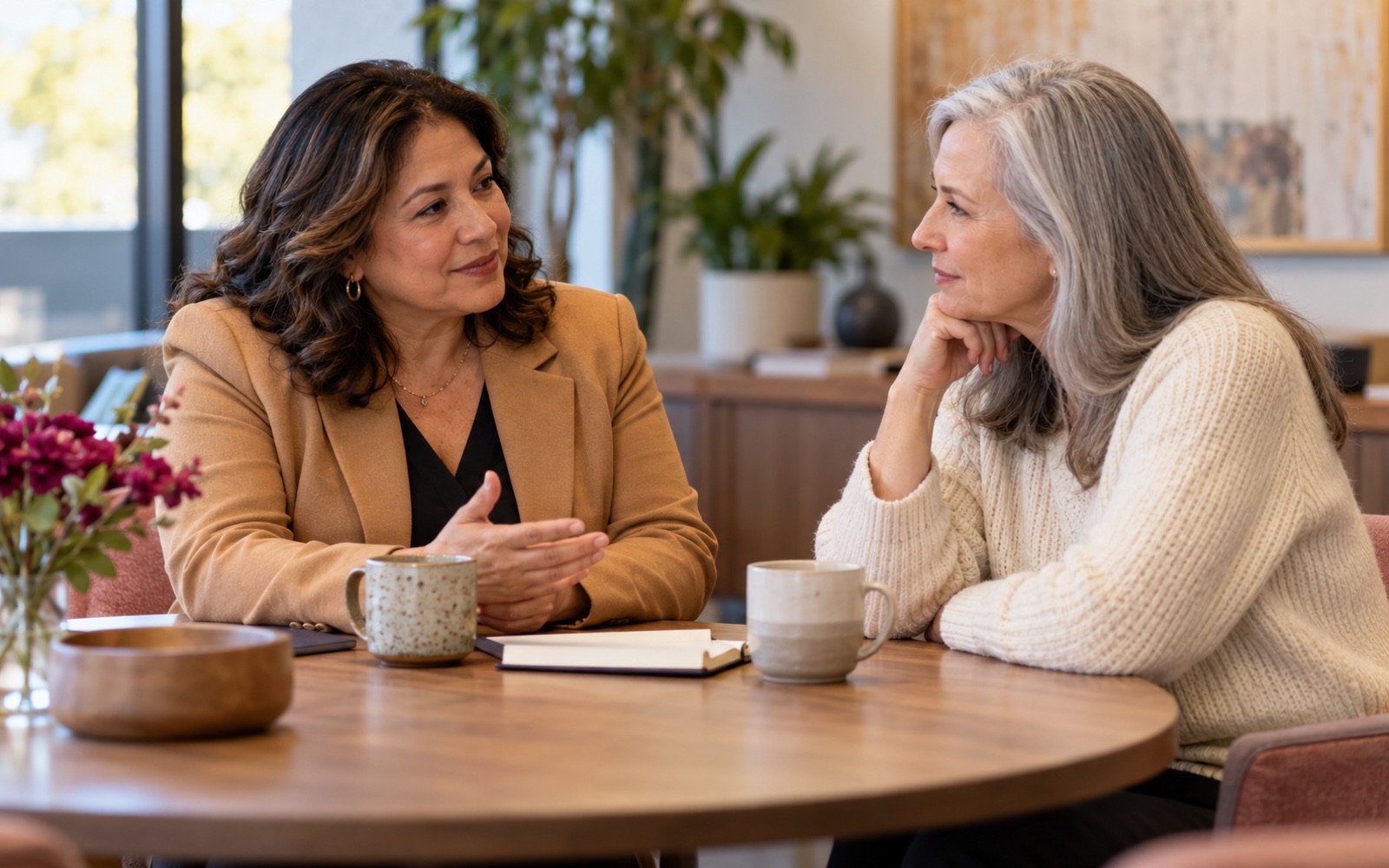 Two women talk across a small table in a bright office.
