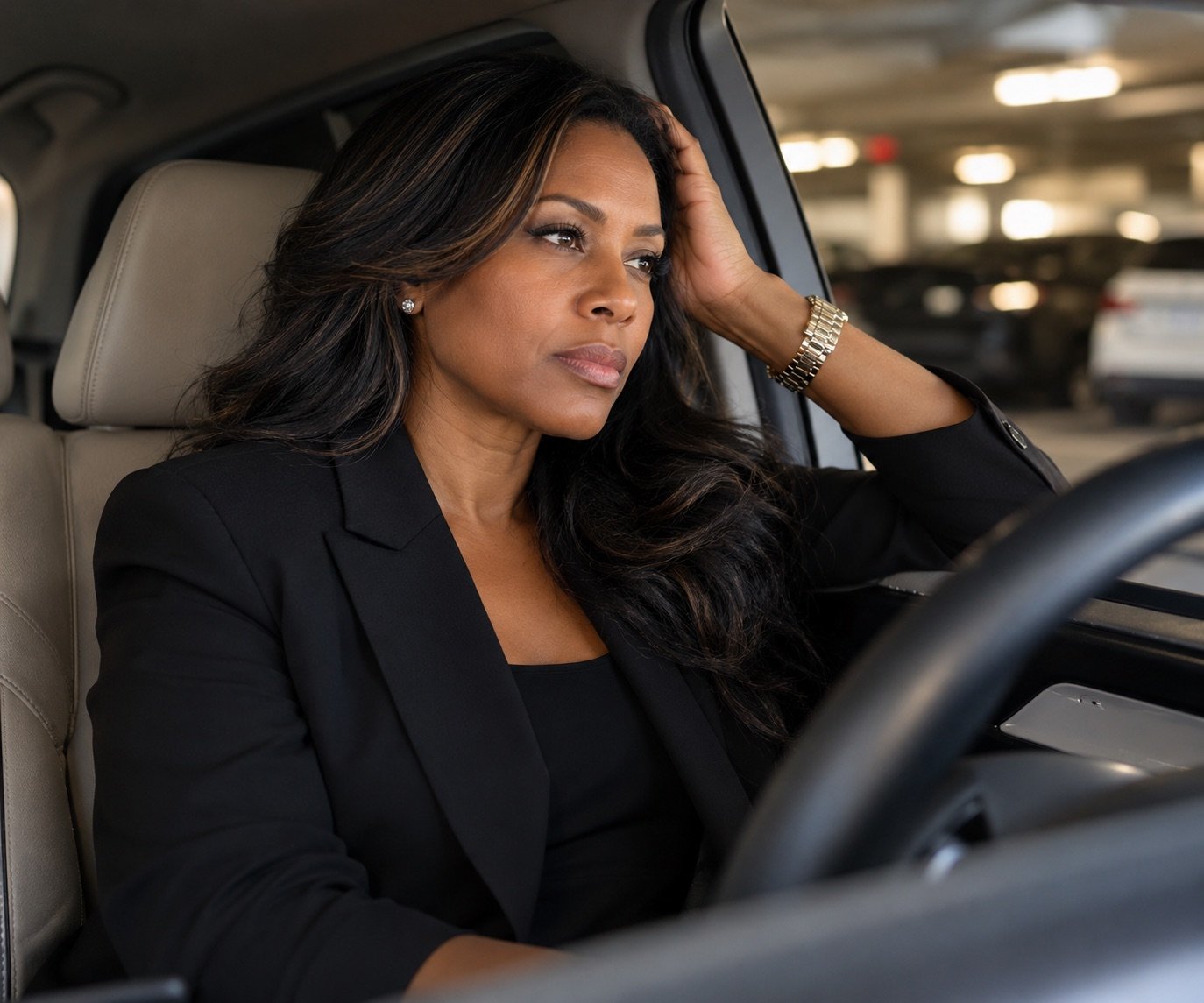 A woman in a black blazer sits in the driver’s seat of her car in a parking garage, one hand in her hair, gathering herself.