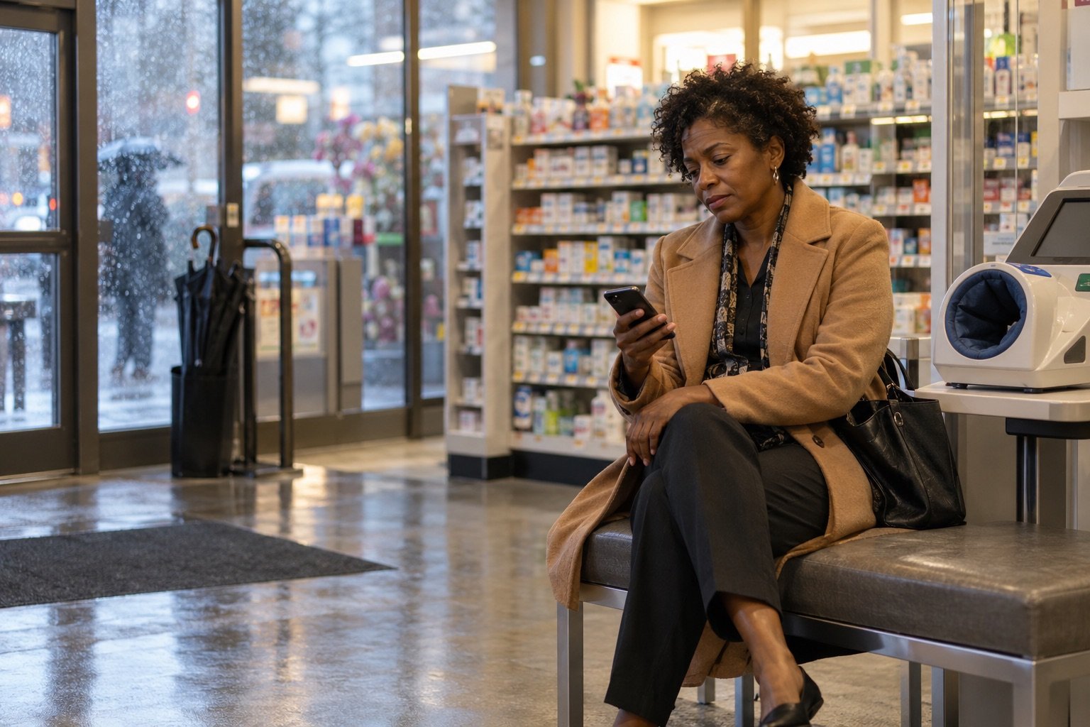 A woman in a camel coat sits on a bench in a pharmacy, looking at her phone while rain falls outside.