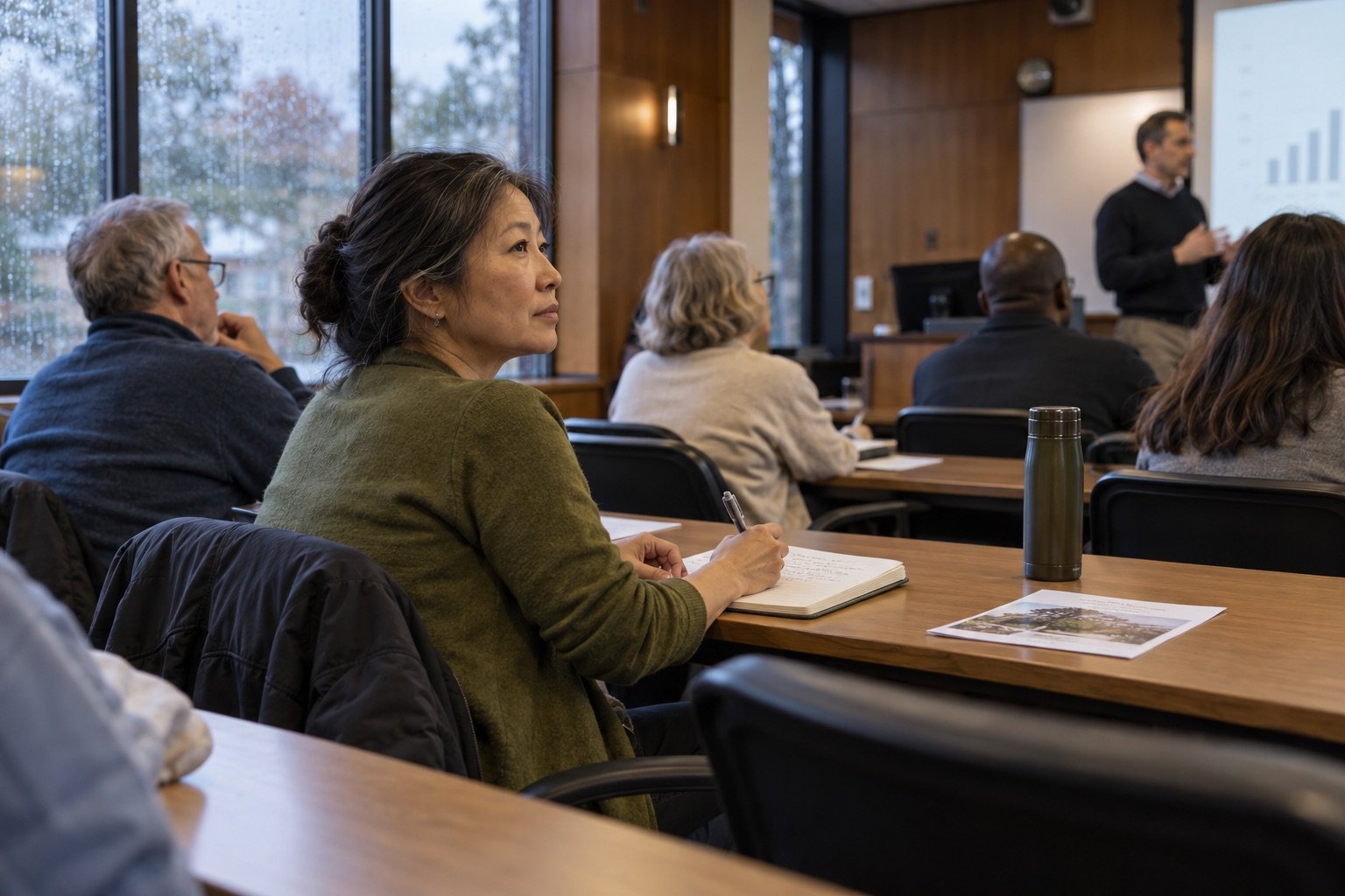 A woman in a green sweater takes notes during a financial planning class.