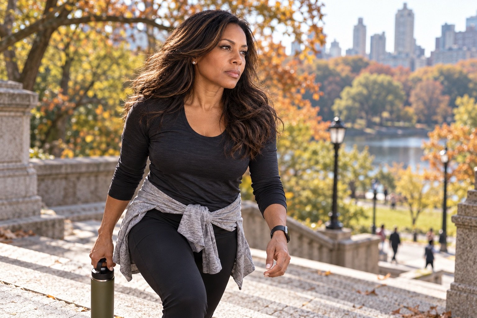 A woman in workout clothes climbs stone steps in a city park on an autumn day.