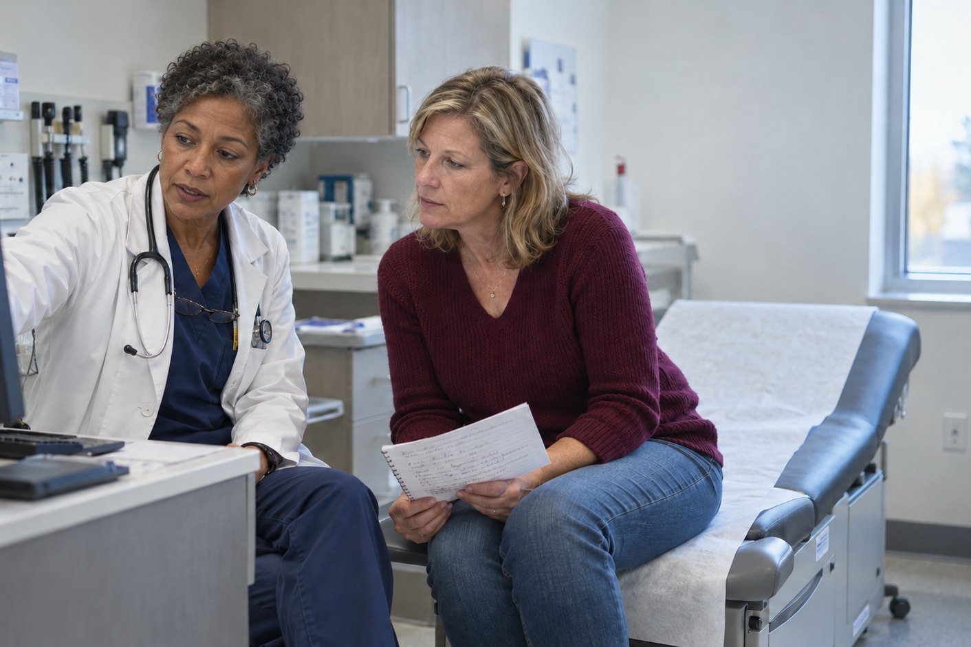 A doctor in a white coat reviews results on a computer screen with a woman in a burgundy sweater, who holds a handwritten list of questions.