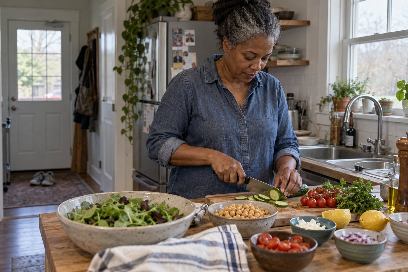 A woman with gray hair slices cucumber at a kitchen island set with a big salad, chickpeas, tomatoes, lemons, and olive oil.