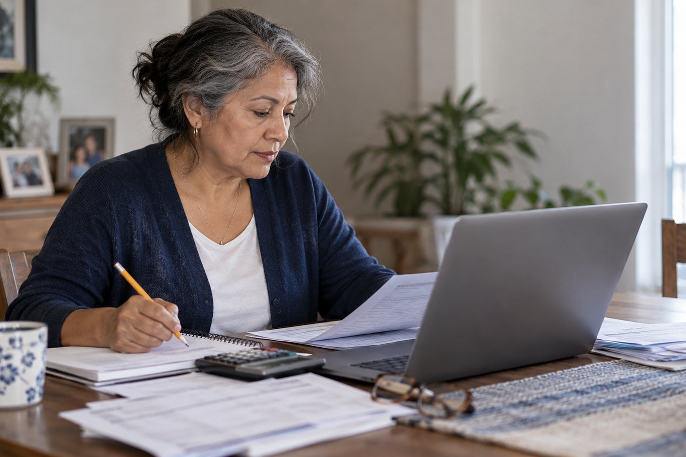 A woman with silver-streaked hair works through paperwork and a notebook beside a laptop and calculator at her dining table.