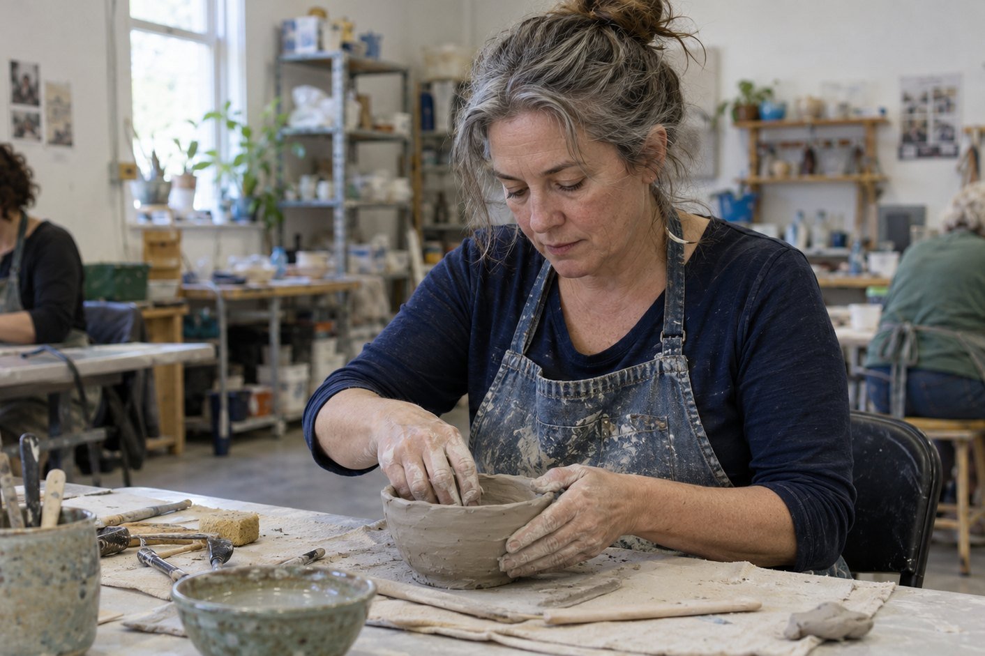 A woman in a clay-spattered apron shapes a bowl by hand at a long table in a pottery studio, with other women working nearby.