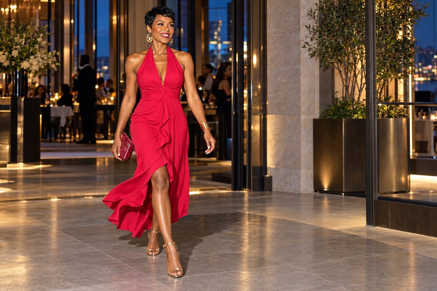 A smiling woman with a short pixie cut walks through an elegant hotel lobby at night in a flowing red halter dress, gold sandals, gold cuff, and a beaded clutch.