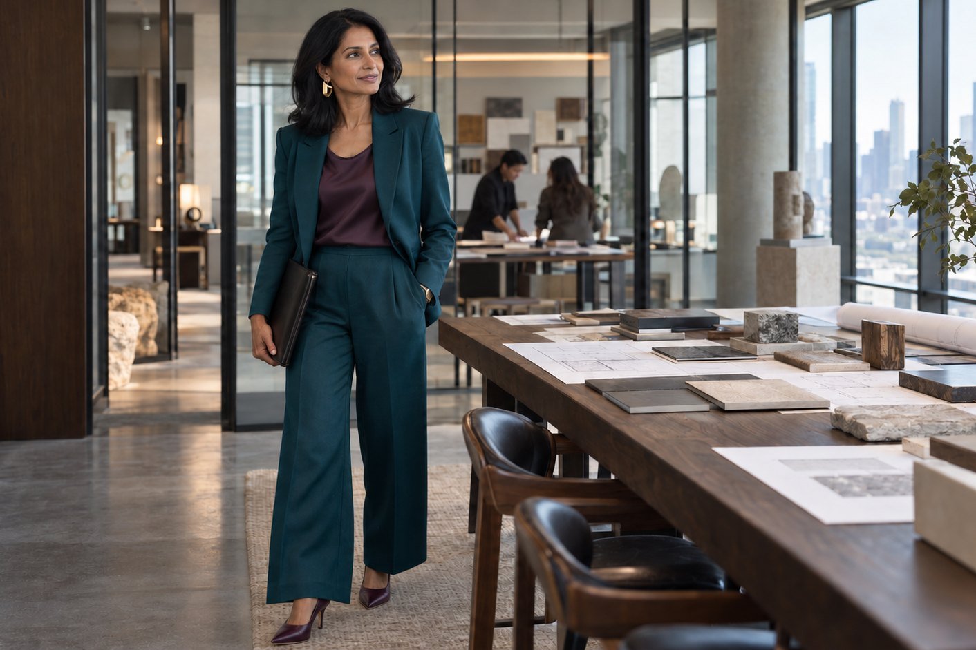 A woman in a teal suit and plum blouse walks through a bright design studio past a long table of stone samples and drawings, with a city skyline behind her.