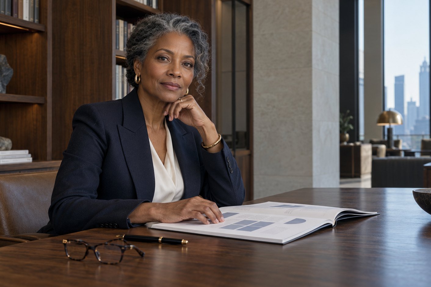 A woman with silver curls, in a navy blazer and gold hoops, sits at a wood desk with an open report of charts, her glasses and a pen beside it, a city skyline in the window.