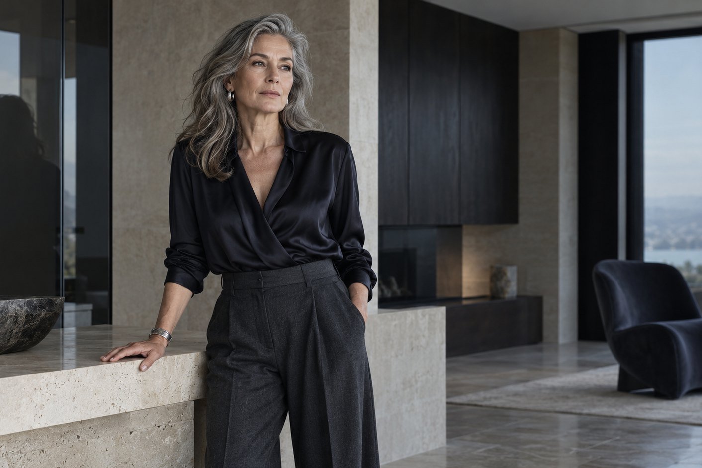 A woman with long silver hair, in a black satin blouse and charcoal wide-leg trousers, leans against a stone counter in a modern room with a lake view, looking out thoughtfully.