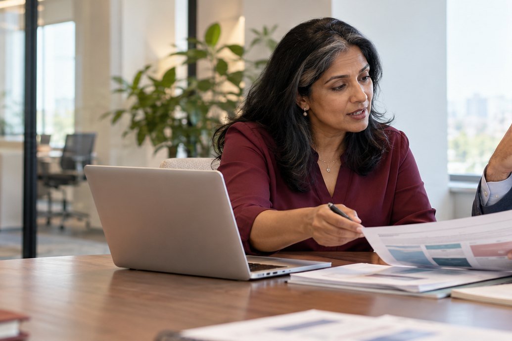 An HR and benefits leader reviews plan documents with a colleague.