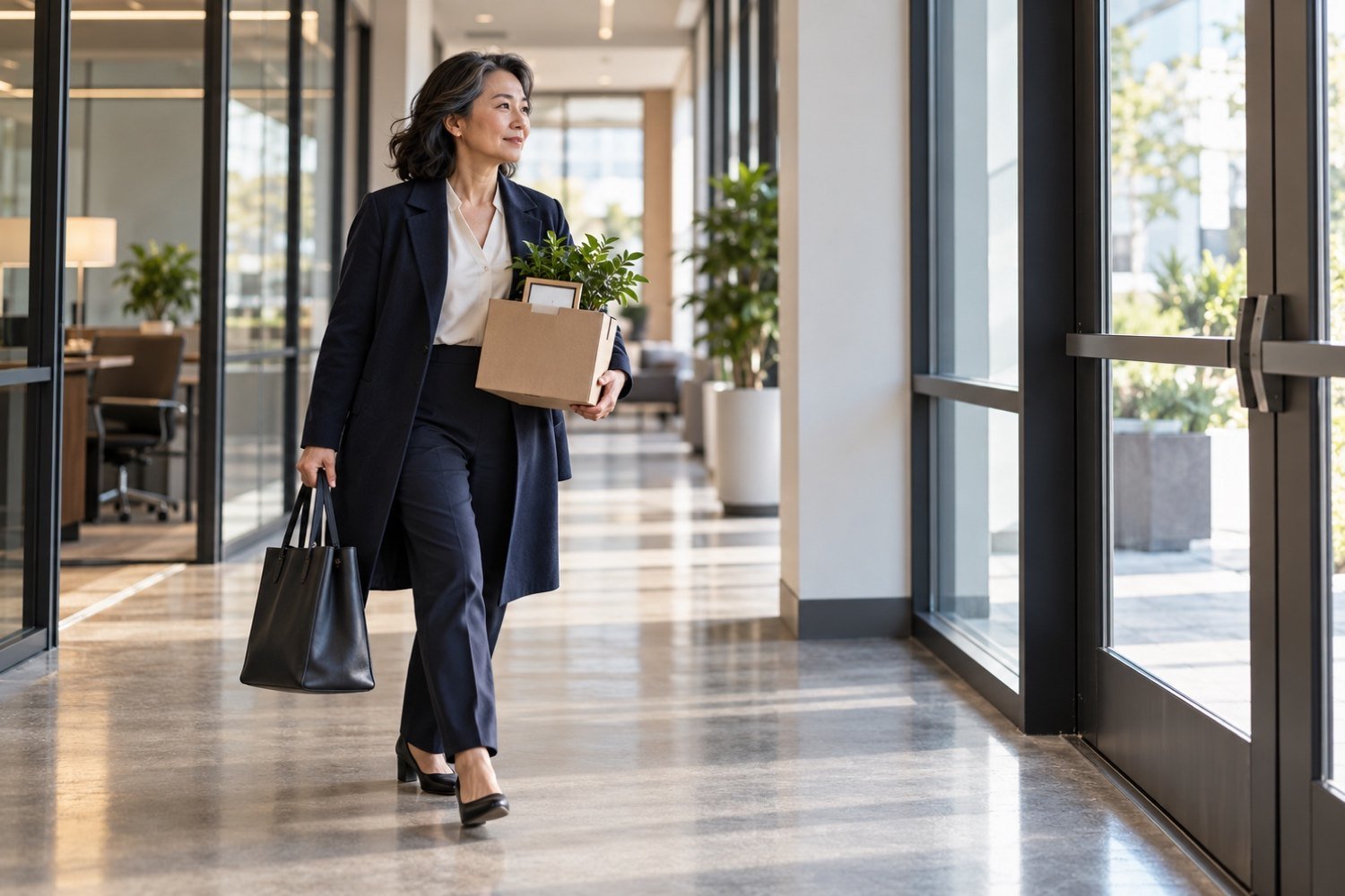 A senior East Asian woman carries a tote and a small box as she walks through an office corridor.