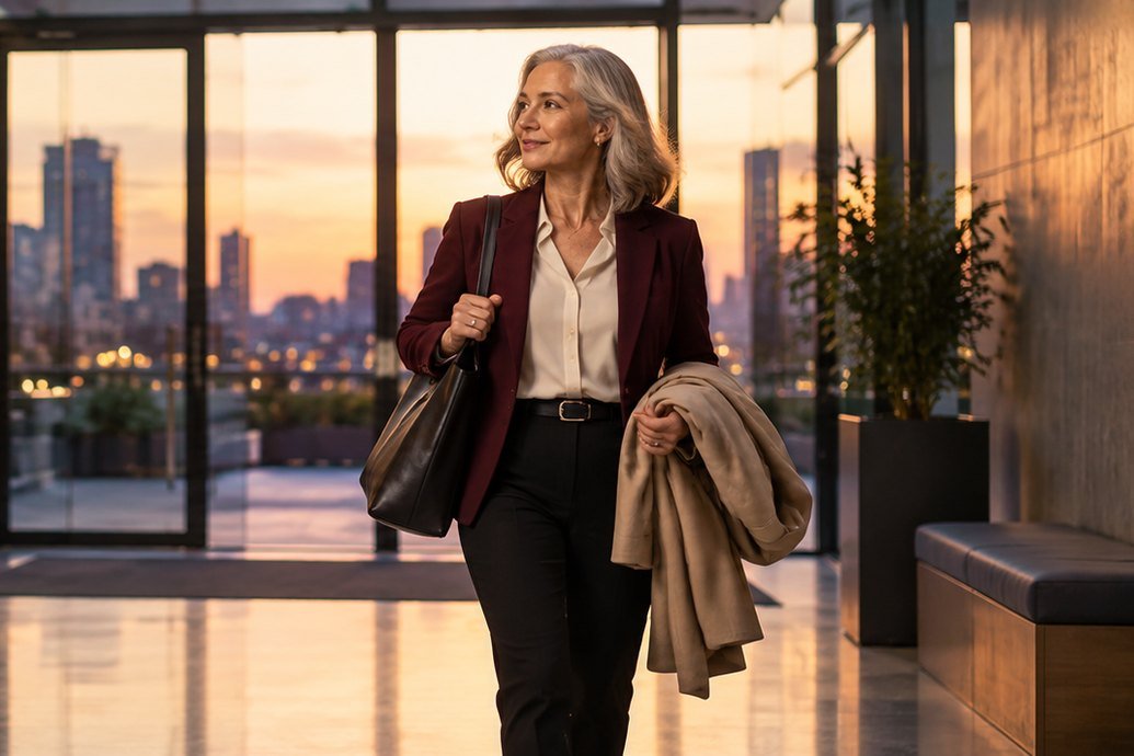A senior woman leaves the office at the end of the day, in a quiet, reflective moment.