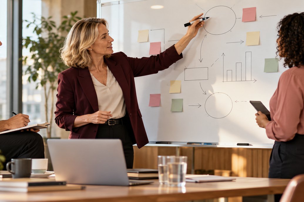 A small leadership team of mixed ages works through a plan together at a whiteboard.