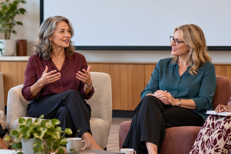 Two women talk during an employee education session at work.