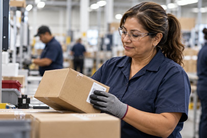 A midlife woman in uniform works mid-shift on a busy floor.
