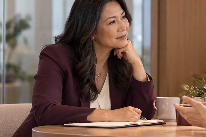 A woman leader listens closely during a private one-on-one at work.